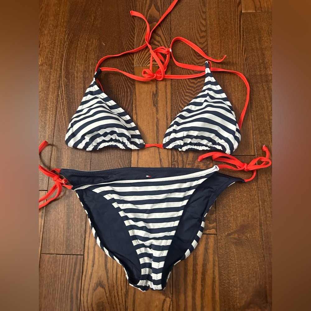 Tommy Hilfiger Navy and White Striped Bikini with Red Ties